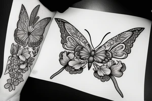 mix butterfly pretty woman and flowers tattoo idea