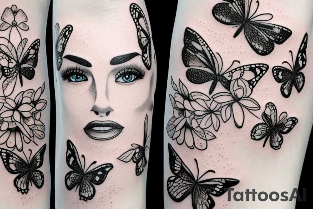 mix butterfly pretty woman face and flowers tattoo idea