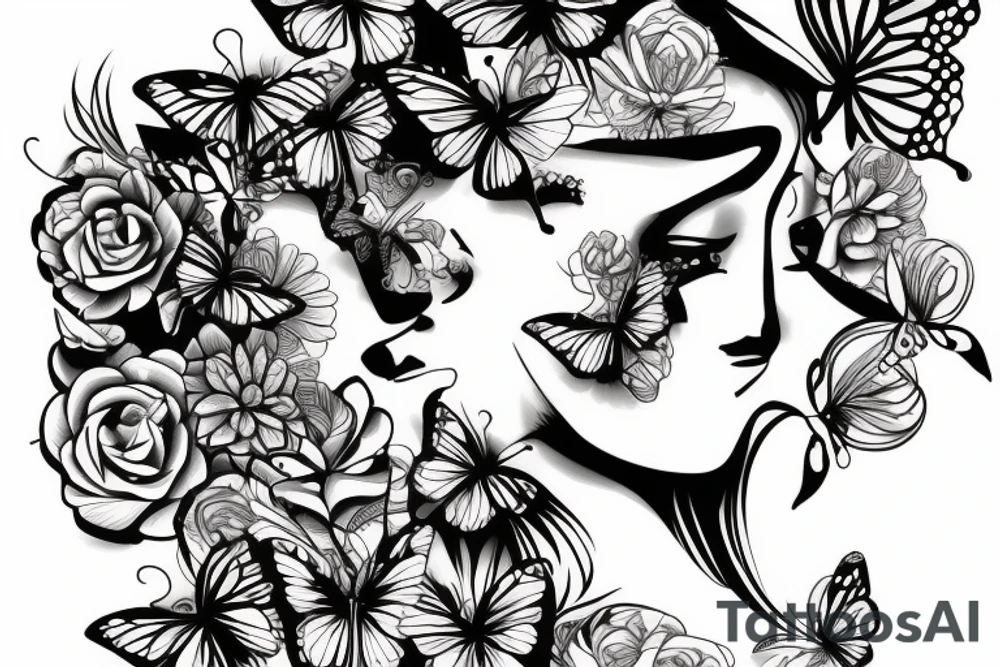 mix butterfly pretty woman's face and flowers tattoo idea