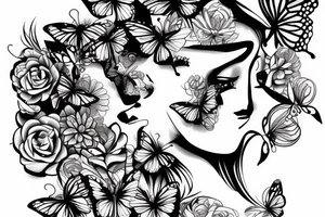 mix butterfly pretty woman's face and flowers tattoo idea