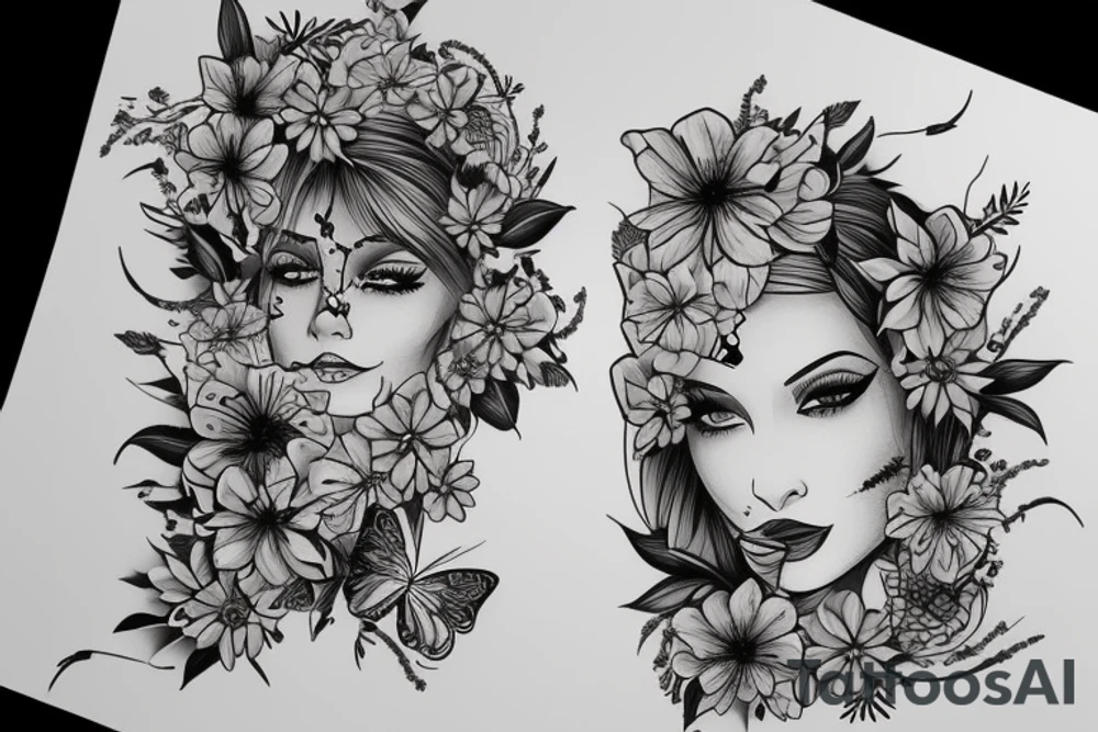 mix butterfly pretty woman's face and flowers tattoo idea
