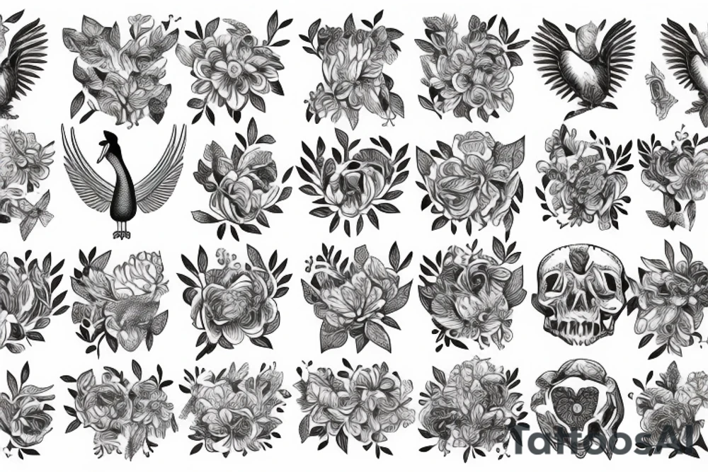 exotic birds with flowers and skeleton tattoo idea