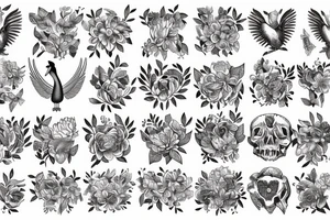 exotic birds with flowers and skeleton tattoo idea