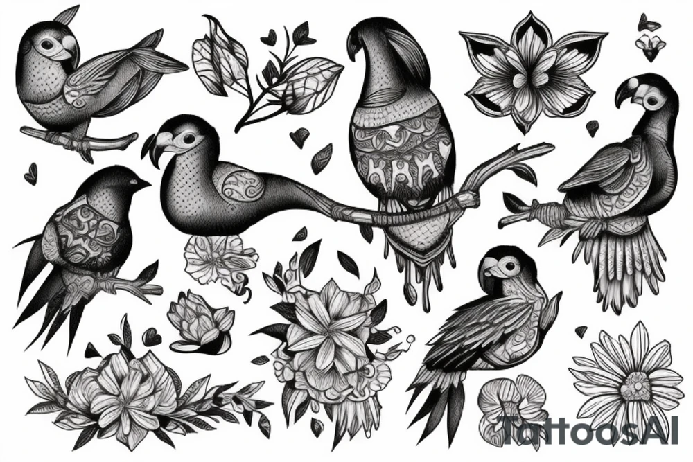 exotic birds with flowers and skeleton tattoo idea