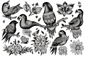 exotic birds with flowers and skeleton tattoo idea