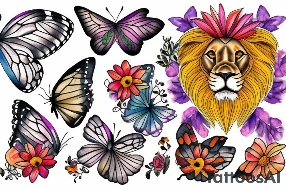 lion with butterfly and flowers tattoo idea