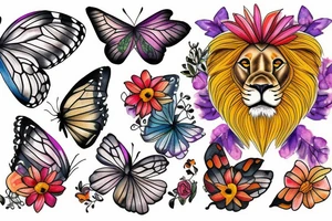 lion with butterfly and flowers tattoo idea