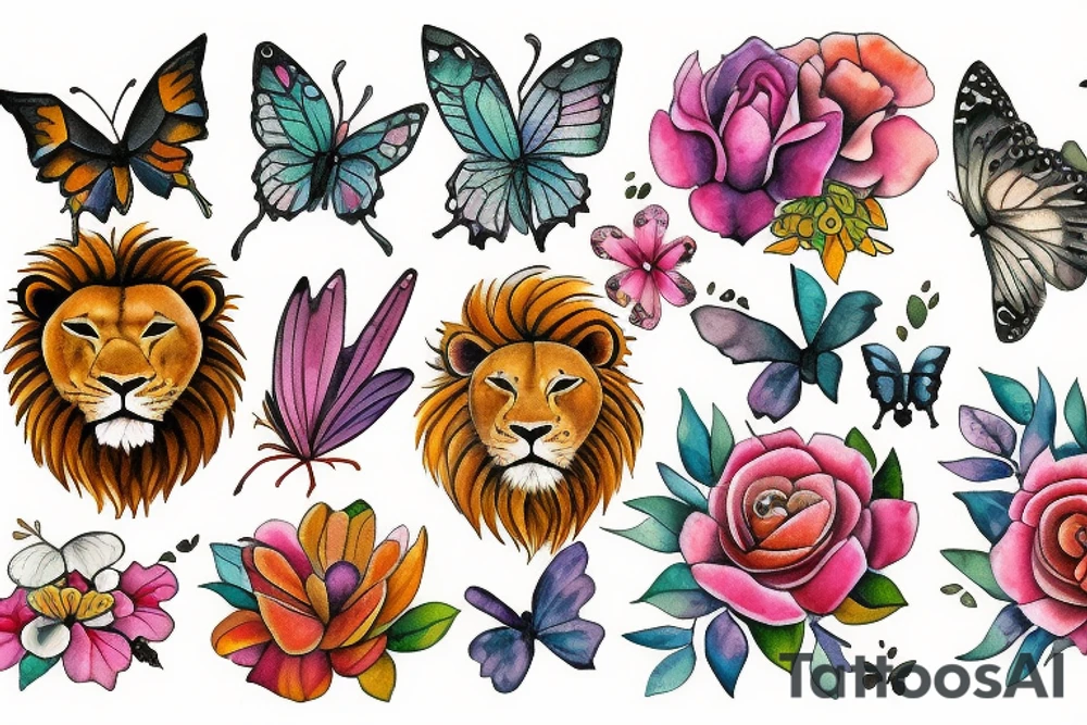 lion with butterfly and flowers tattoo idea