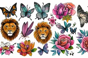 lion with butterfly and flowers tattoo idea