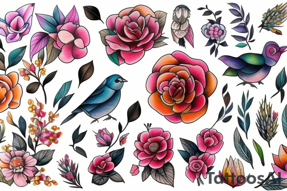 flowers and birds tattoo idea