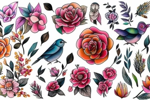 flowers and birds tattoo idea