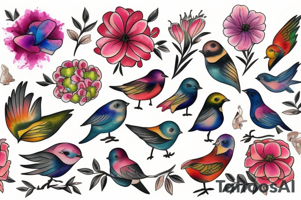 flowers and birds tattoo idea