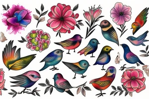 flowers and birds tattoo idea