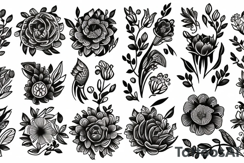 flowers and birds tattoo idea