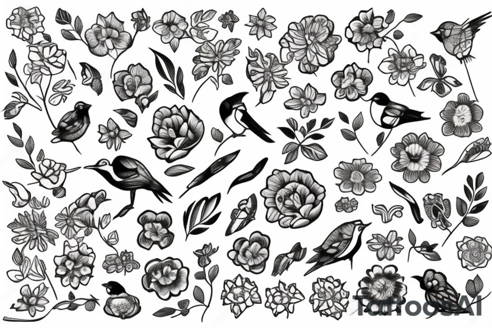 flowers and birds tattoo idea