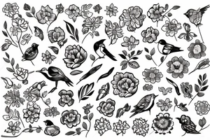 flowers and birds tattoo idea