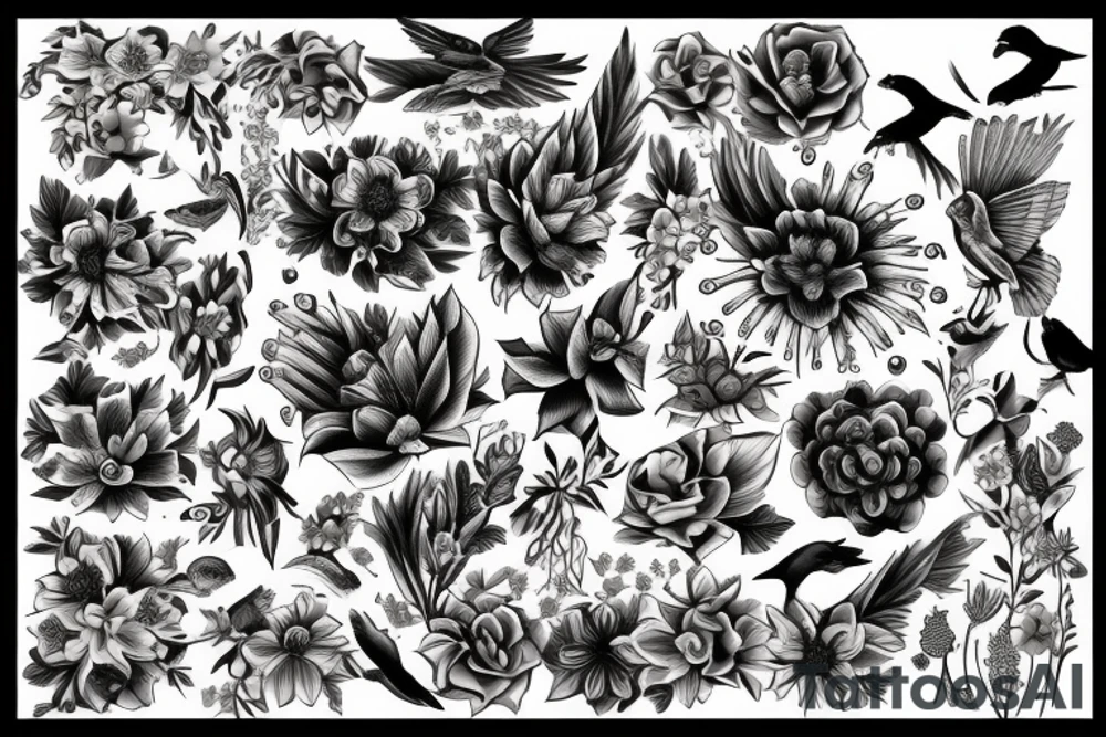 flowers and birds tattoo idea