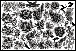 flowers and birds tattoo idea