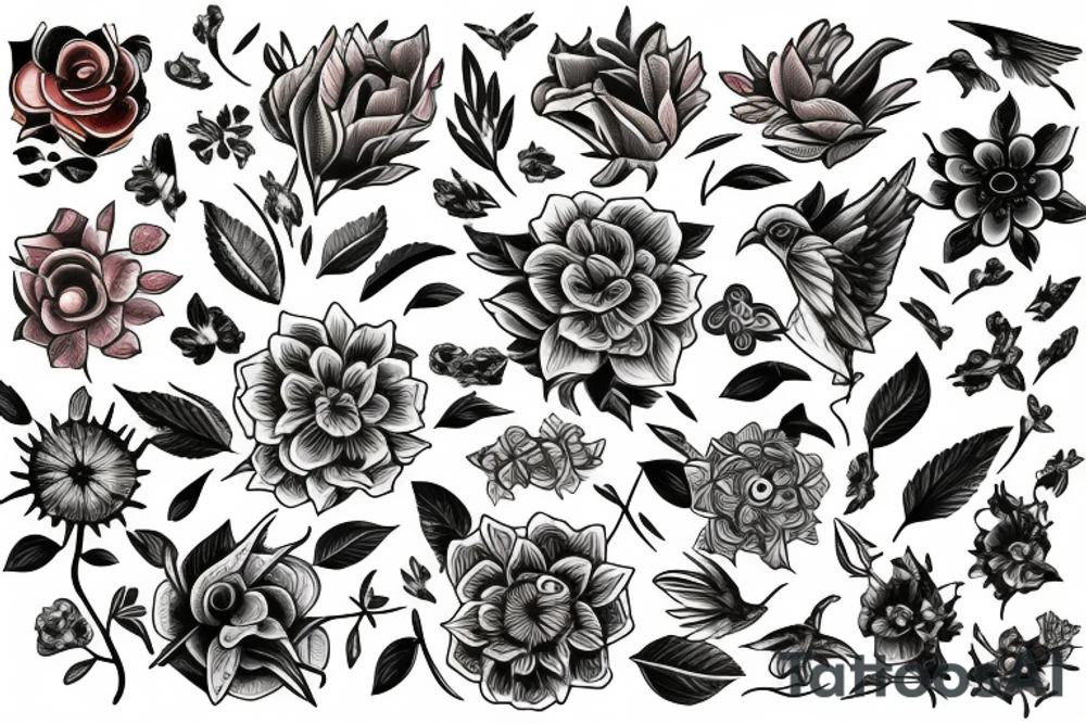 flowers and birds tattoo idea