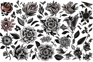 flowers and birds tattoo idea