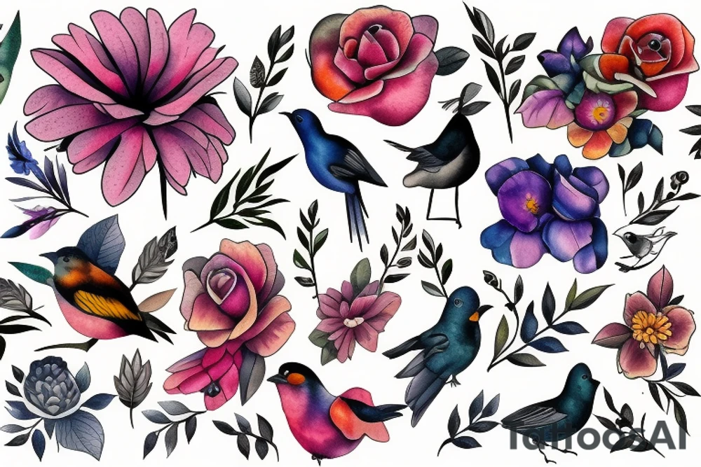 flowers and birds tattoo idea