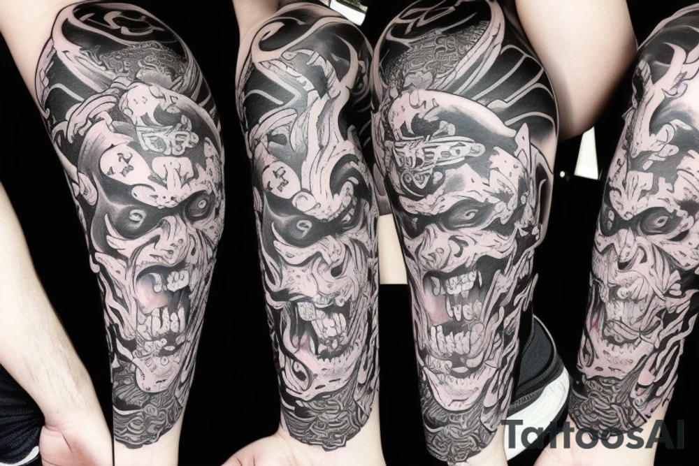 oni demon mask mix with blood and barbelets tattoo idea