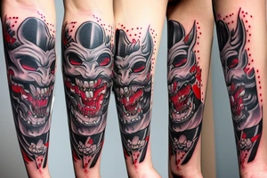 oni demon mask mix with blood and barbelets tattoo idea