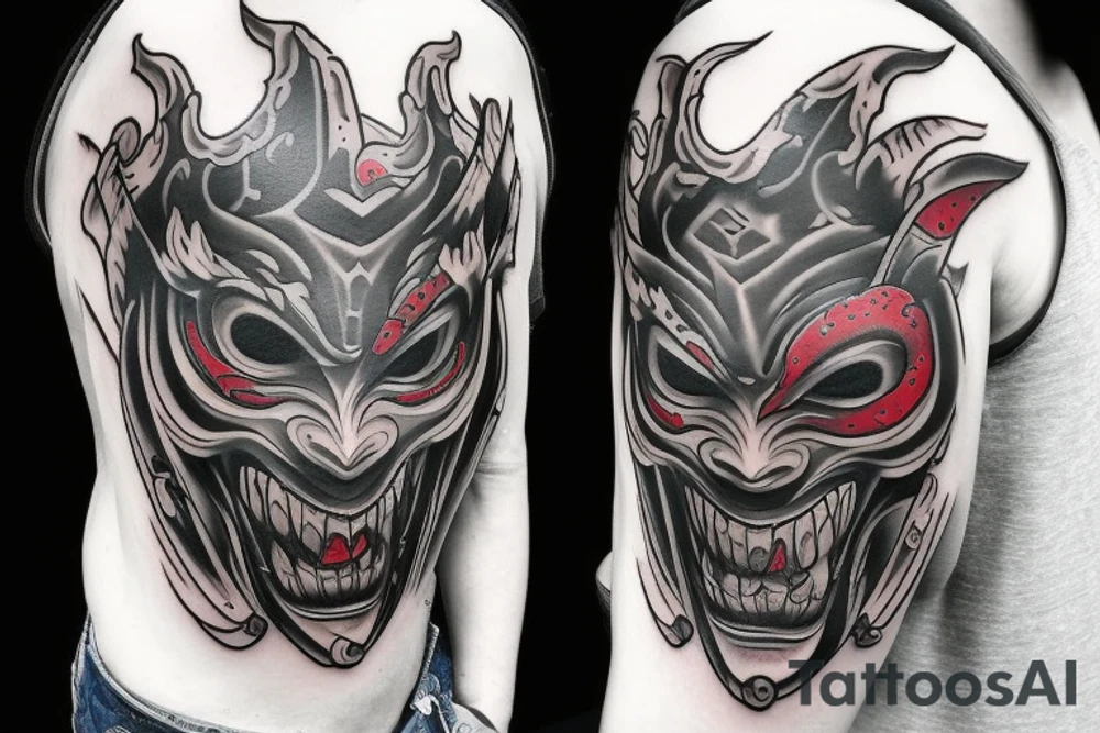 oni demon mask mix with blood and barbelets tattoo idea
