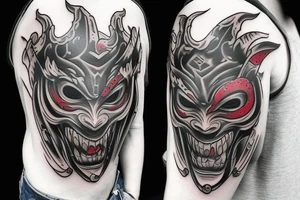 oni demon mask mix with blood and barbelets tattoo idea