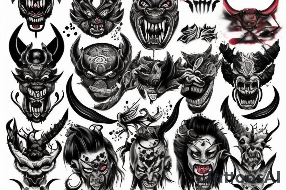 oni demon mask mix with blood and barbelets tattoo idea