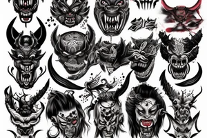 oni demon mask mix with blood and barbelets tattoo idea