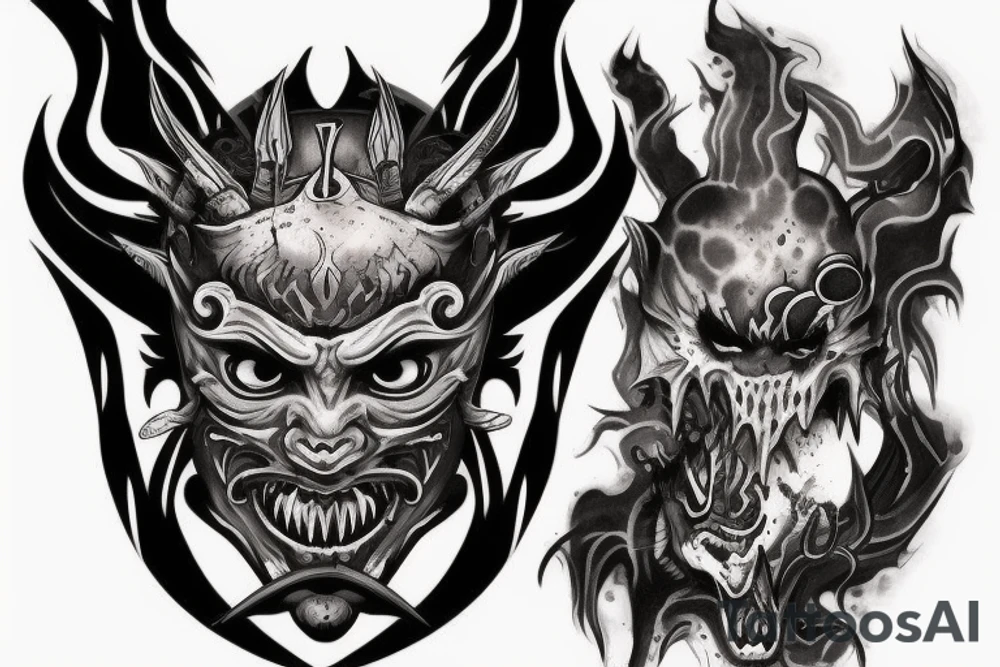 oni demon mask mix with blood and barbelets tattoo idea