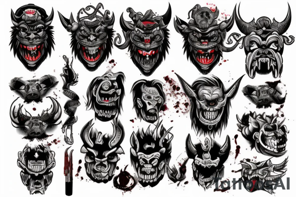 oni demon mask mix with blood and barbelets tattoo idea
