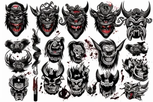 oni demon mask mix with blood and barbelets tattoo idea