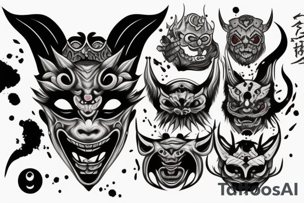 oni demon mask mix with blood and barbelets tattoo idea