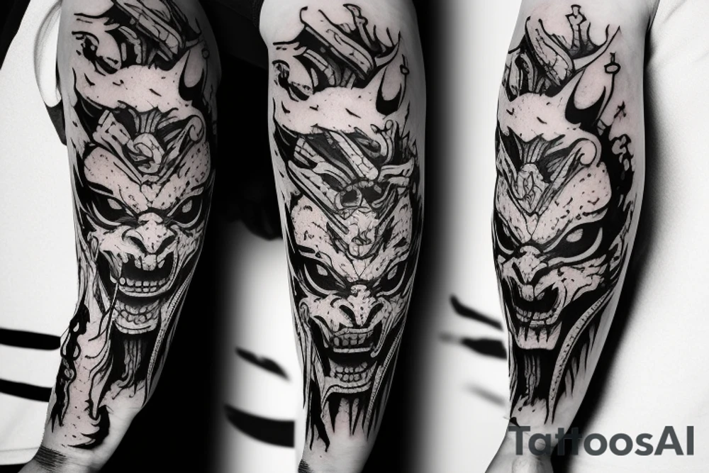 oni demon mask mix with blood and barbelets tattoo idea