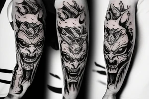 oni demon mask mix with blood and barbelets tattoo idea
