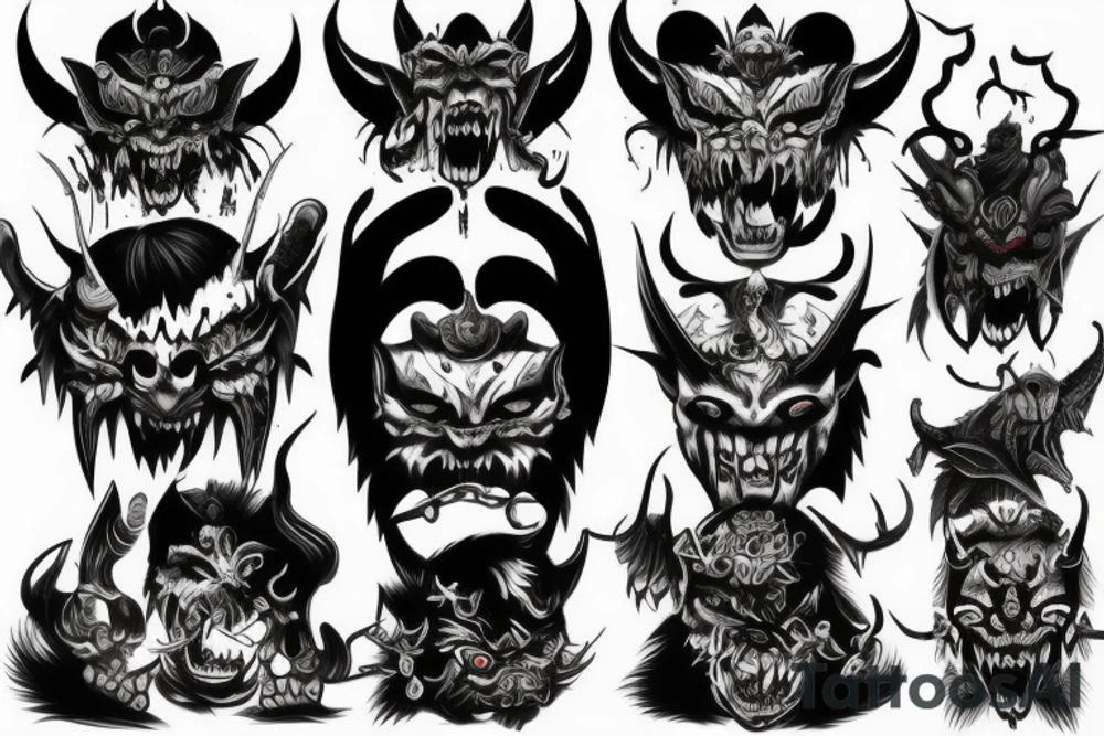 oni demon mask mix with blood and barbelets tattoo idea oni demon mask mix with blood and barbelets tattoo idea