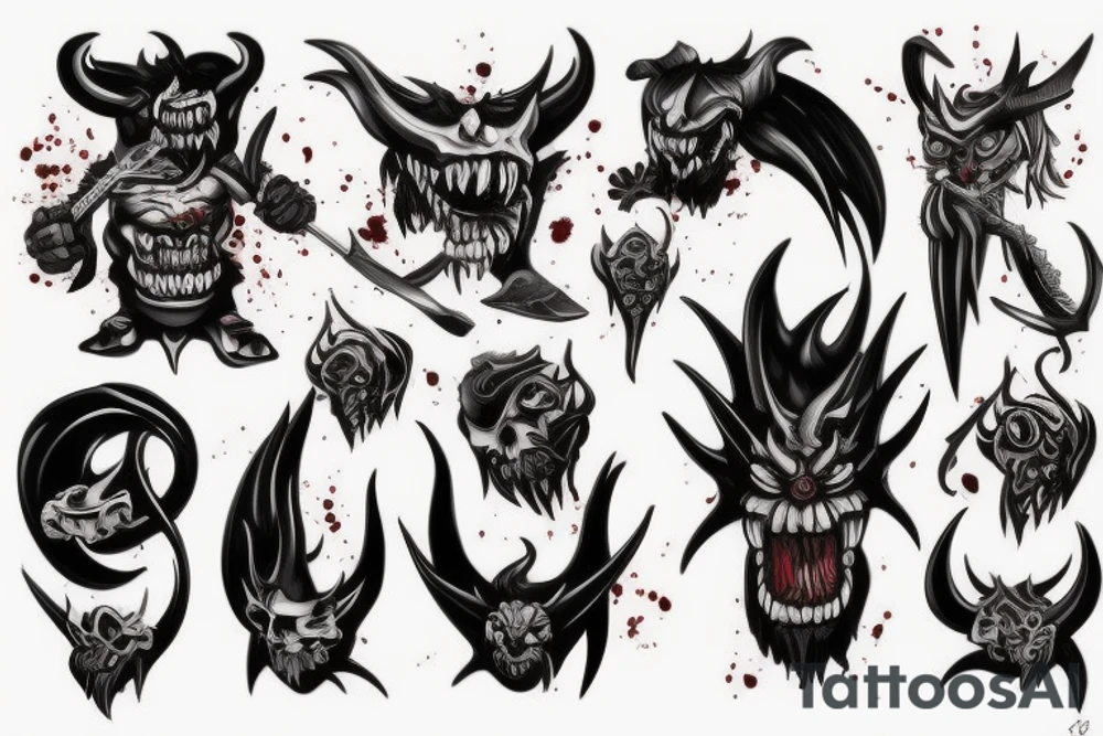 oni dark demon mix with blood and barbelets tattoo idea