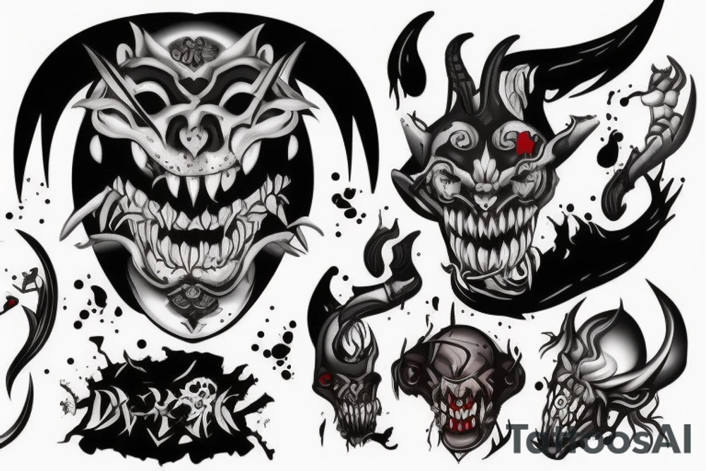 oni dark demon mix with blood and barbelets tattoo idea