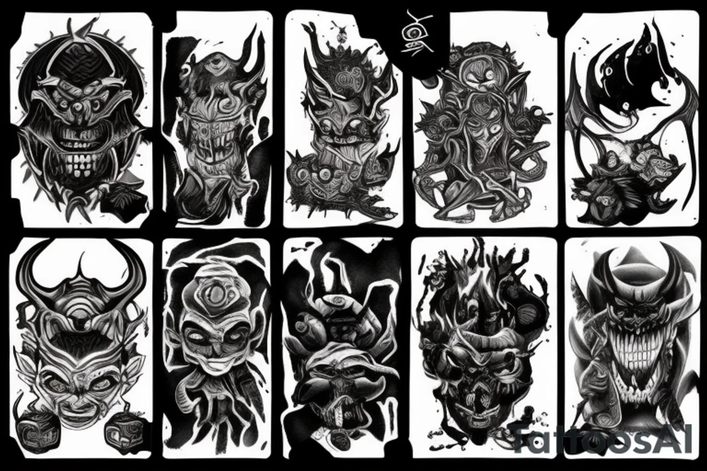 oni dark demon mix with blood and barbelets tattoo idea