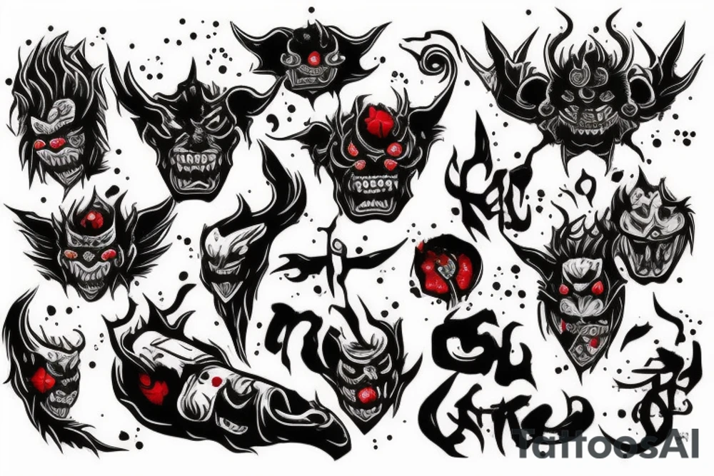 oni dark demon mix with blood and barbelets tattoo idea