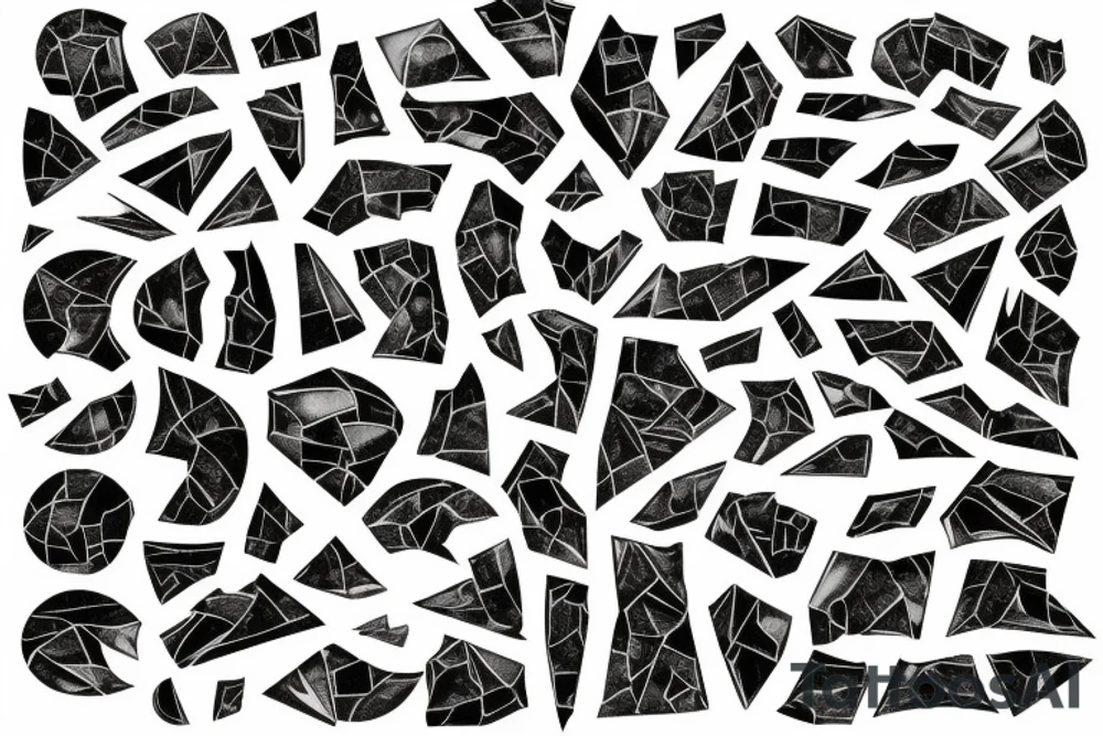 Broken Glas pieces with rough edges formed into a mosaic in form of a dragon tattoo idea