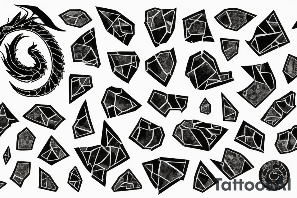 Broken Glas pieces with rough edges formed into a mosaic in form of a dragon tattoo idea