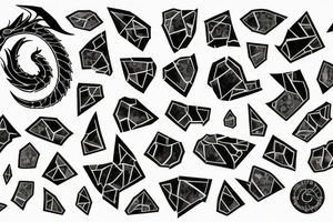 Broken Glas pieces with rough edges formed into a mosaic in form of a dragon tattoo idea
