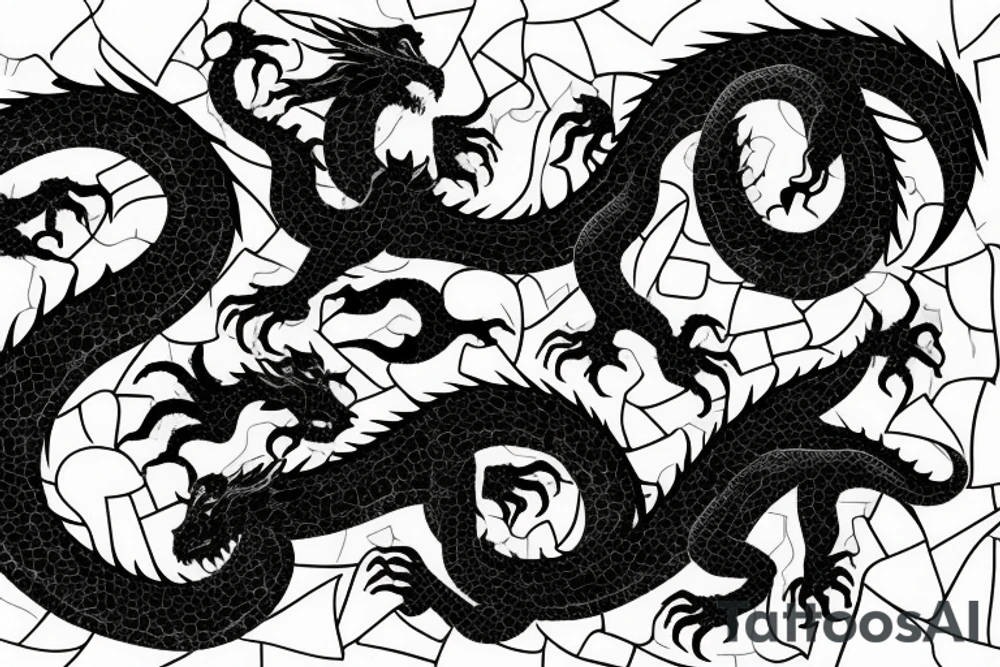 Broken Glas pieces with rough edges formed into a mosaic in form of a dragon tattoo idea