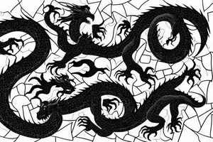 Broken Glas pieces with rough edges formed into a mosaic in form of a dragon tattoo idea