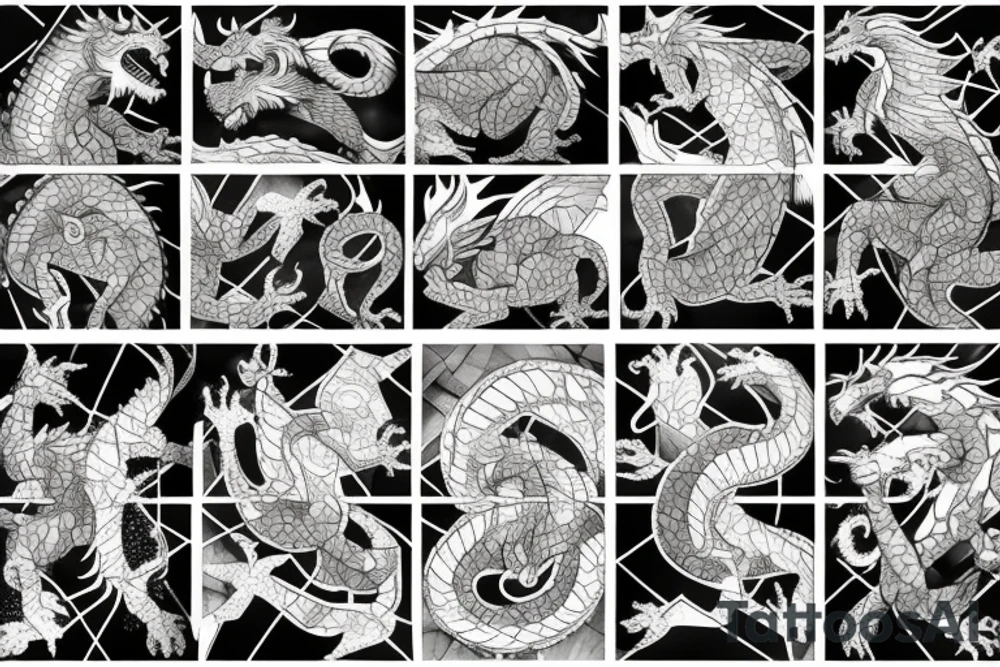 Broken Glas pieces with rough edges formed into a mosaic in form of a dragon tattoo idea