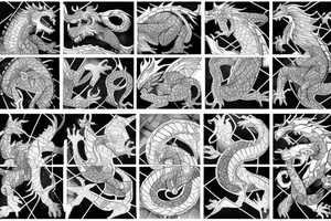 Broken Glas pieces with rough edges formed into a mosaic in form of a dragon tattoo idea