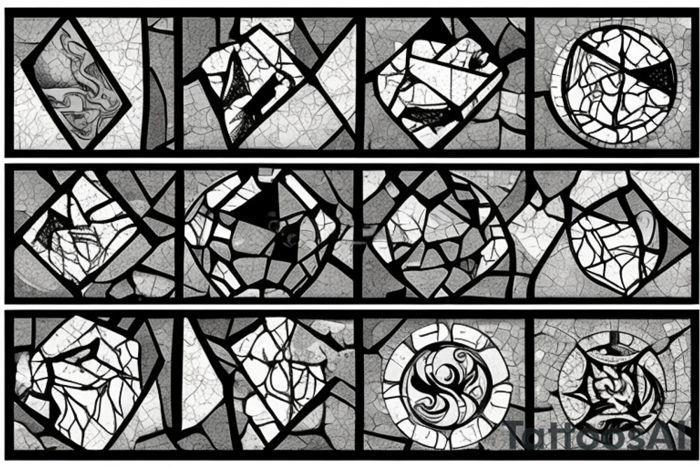 Broken Glas pieces with rough edges formed into a mosaic in form of a dragon tattoo idea